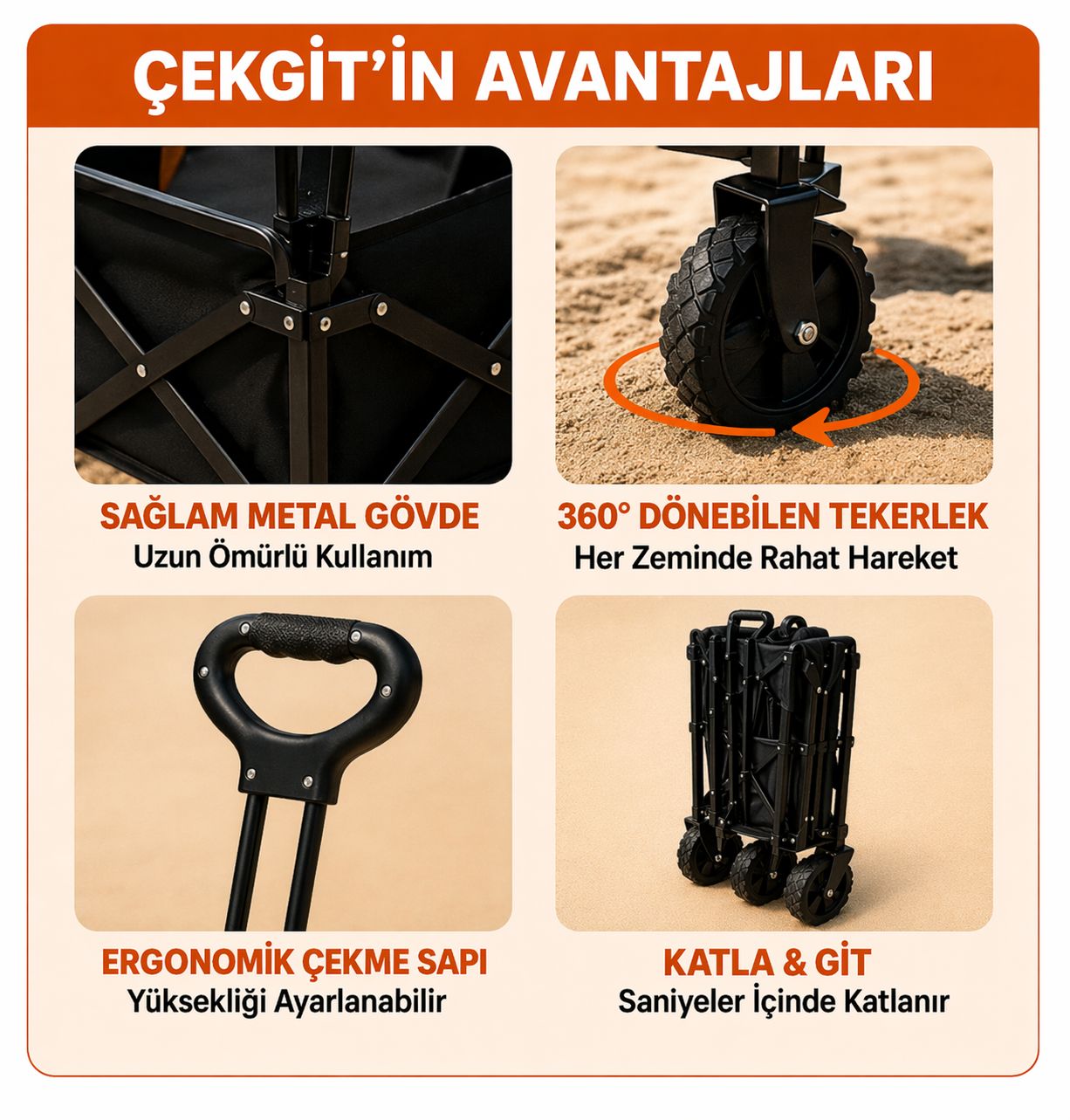 Çekgit Katlanabilir Taşıma Arabası | 100 KG Kapasiteli Dayanıklı Wagon